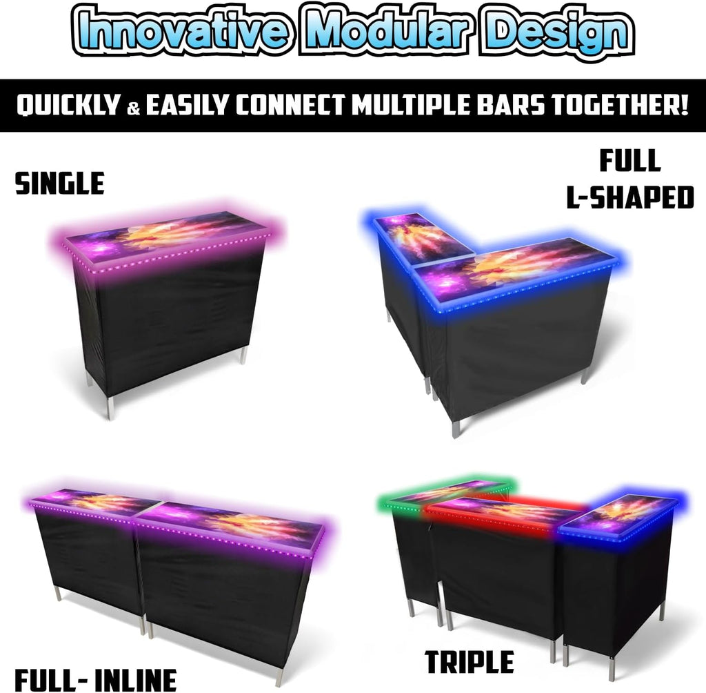 PARTYPONG Folding Portable Double Bar w/LED Lights, Wireless Remote, 2 Bar Skirts, Storage Shelf, & Carrying Case - Prism