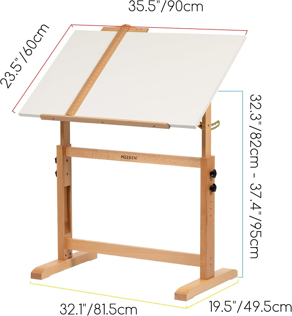 meeden white adjustable drafting table: 35.5" x 23.5", close-up detail