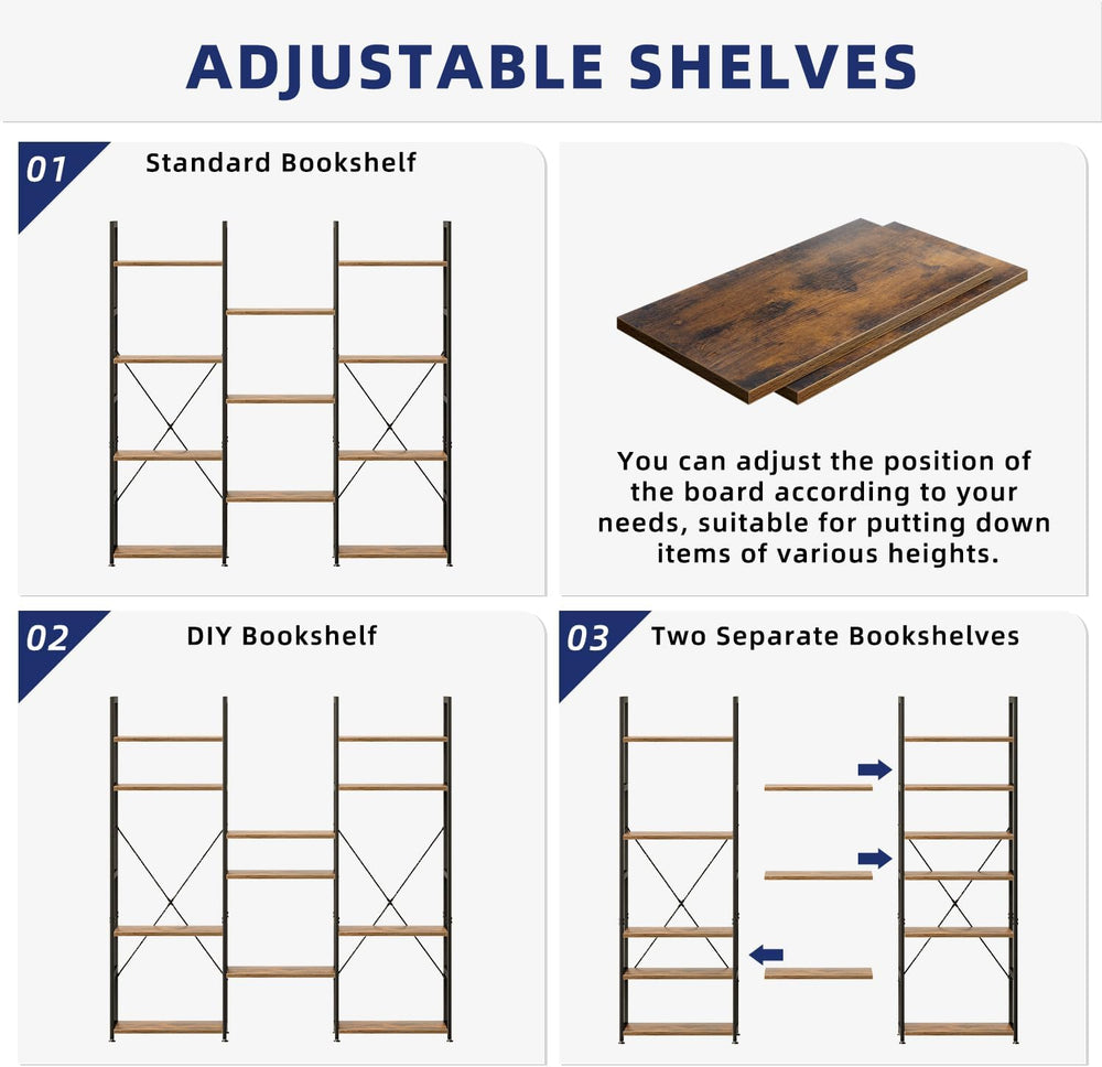 NUMENN Triple Column 4 Tier Bookshelf with 11 Adjustable Shelves, Vintage