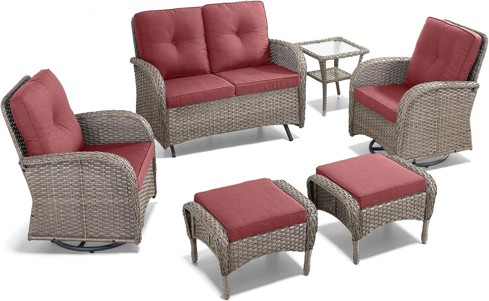 HUMMUH 6 Piece Wicker Patio Set, Swivel Rockers & Glider, Grey/Red