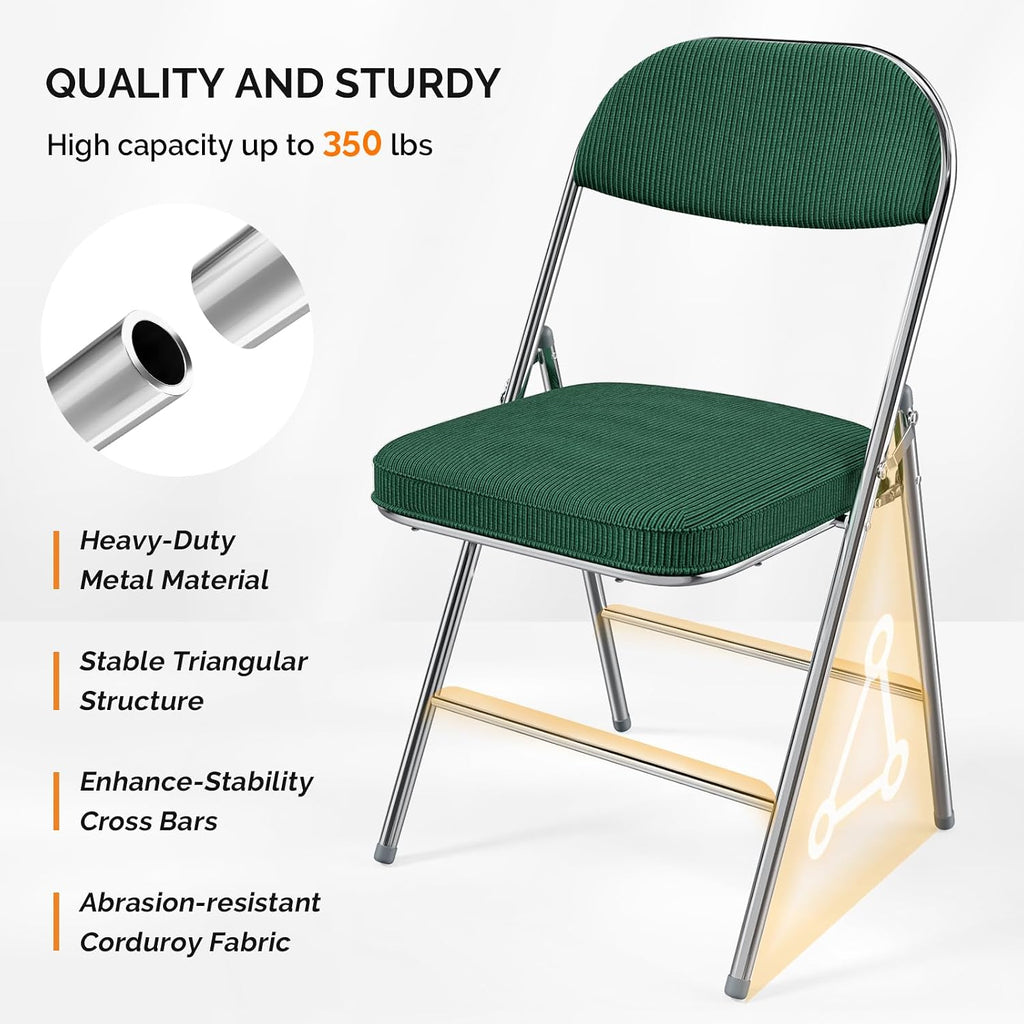 VINGLI Folding Chairs with Padded Seat & Backrest, Metal Frame, Durable Corduroy Fabric, 350 lbs Capacity, Set of 1, Olive Green – Ideal for Weddings, Parties, Office Events