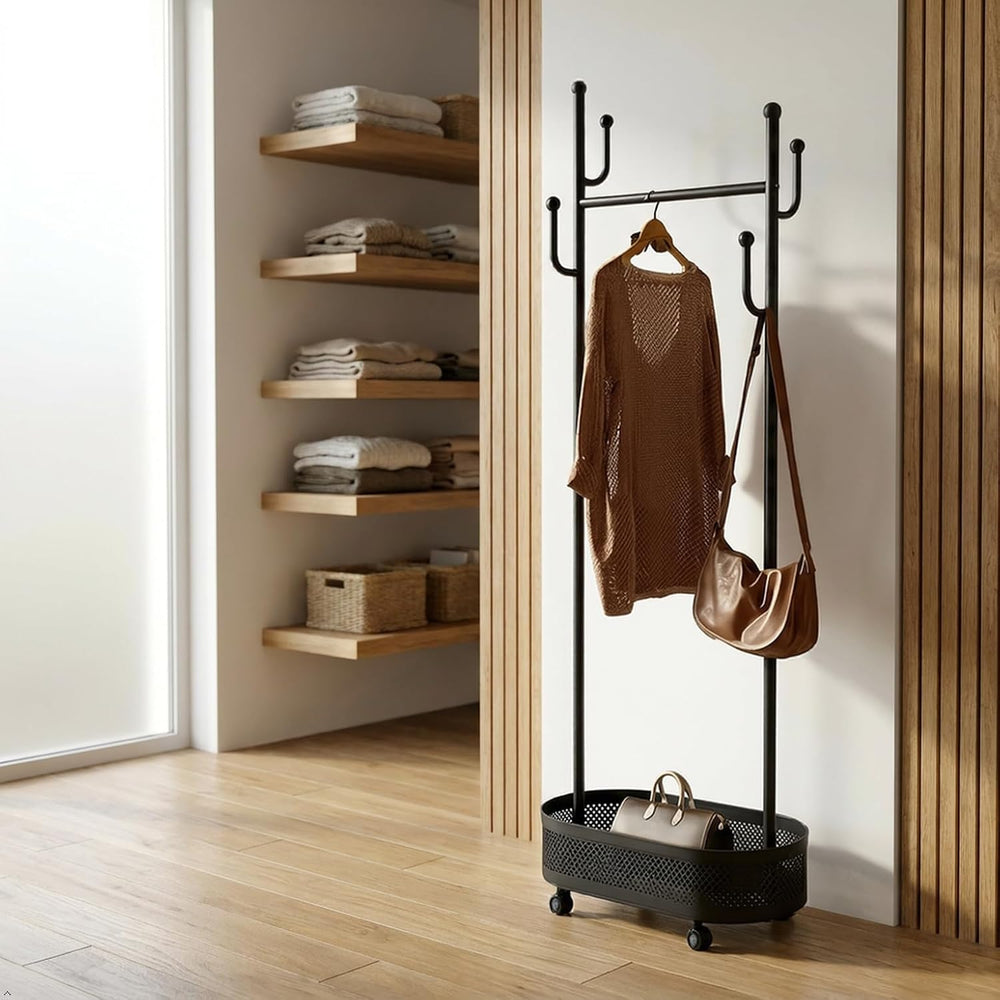 Black Wheeled Cactus Metal Coat Rack Freestanding Garment Organizer