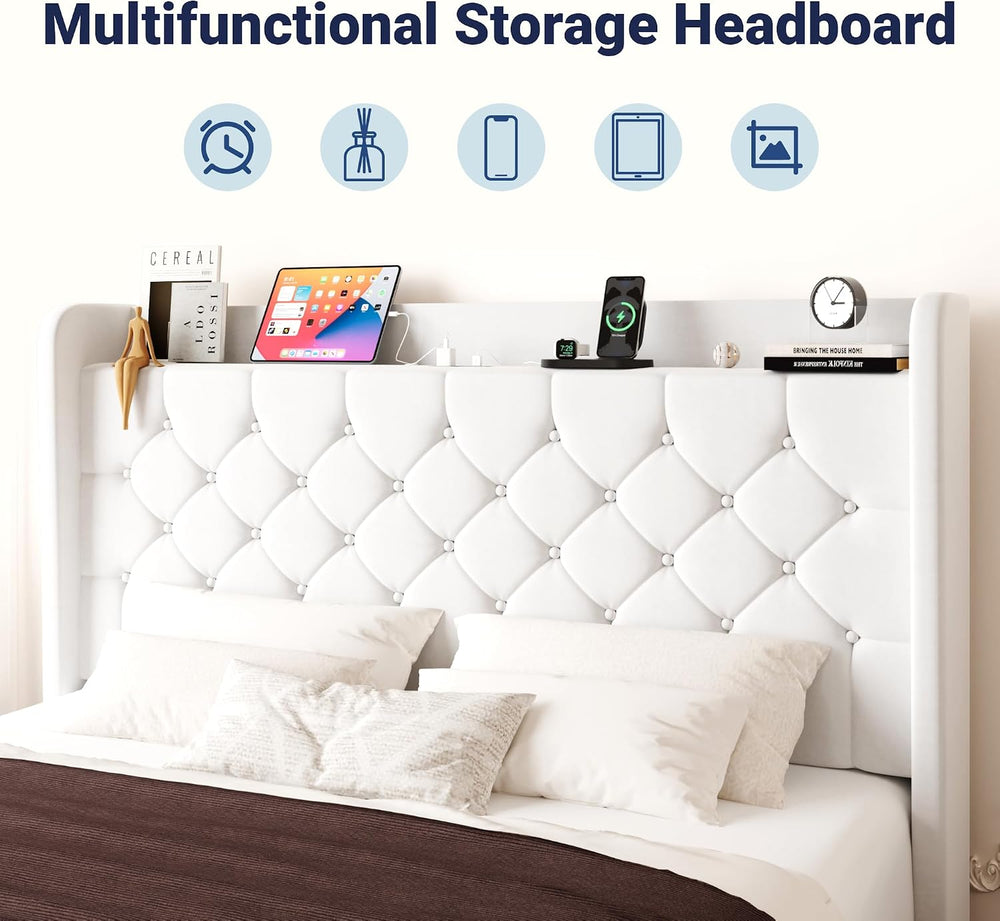 Allewie Queen Bed Frame, Storage Headboard & Charging Station, White