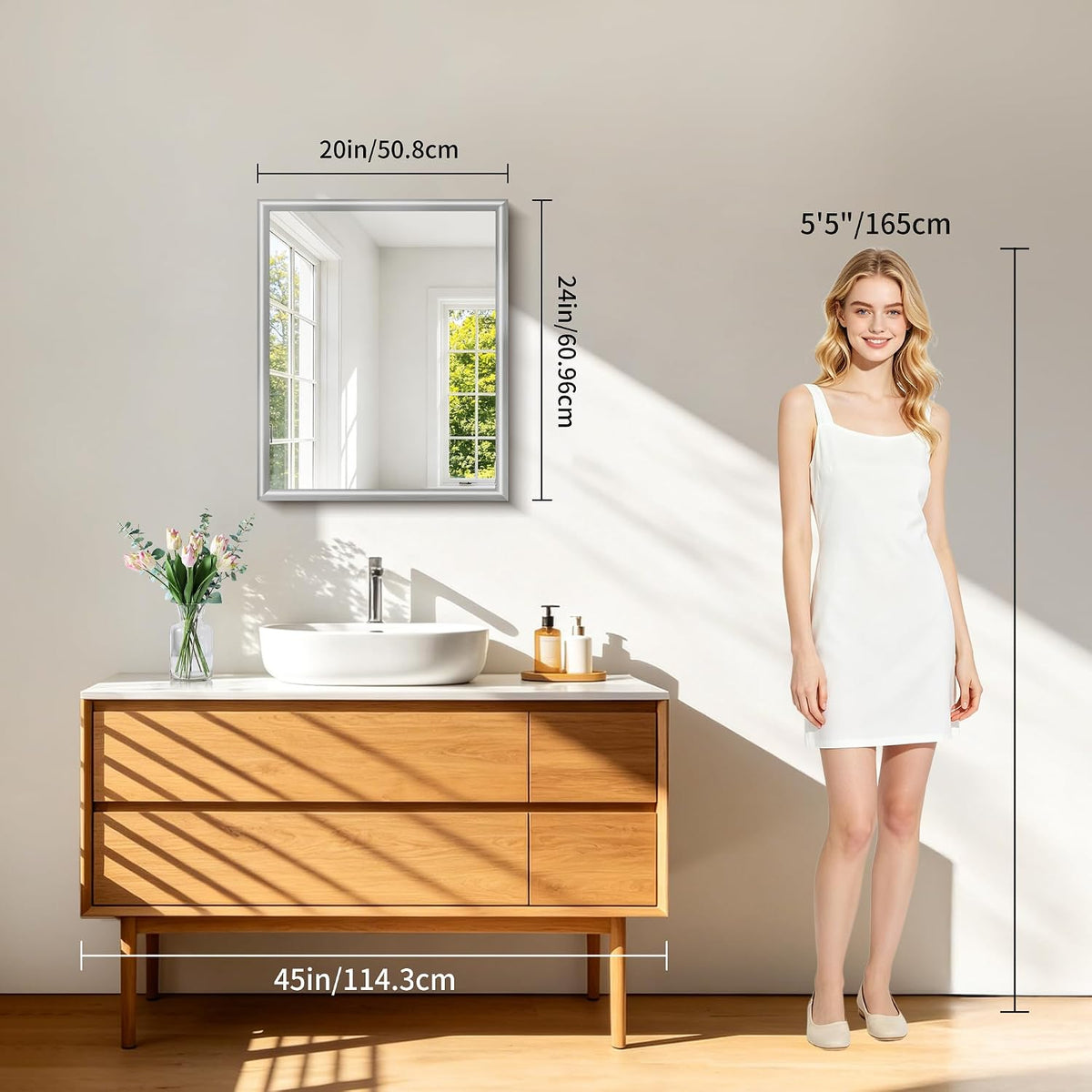 20x24 Inch Brushed Silver Bathroom Mirror, Raised Metal Framed Bathroom Vanity Mirror for Over Sink, Anti-Rust, Shatterproof Rectangle Wall Mirror, Hangs Horizontally or Vertically