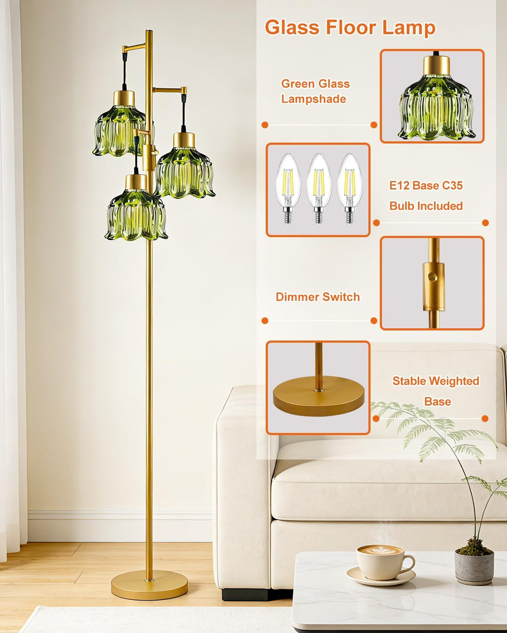 Lightdot Floral Floor Lamp Dimmable Floor Flower Lamp Green Glass Shade