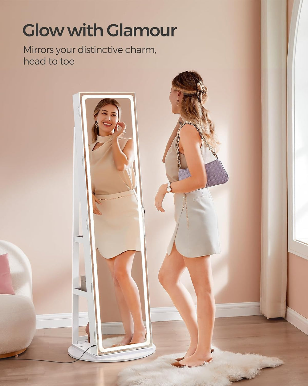 SONGMICS LED Mirror Jewelry Cabinet Standing, Adjustable Lights, Lockable