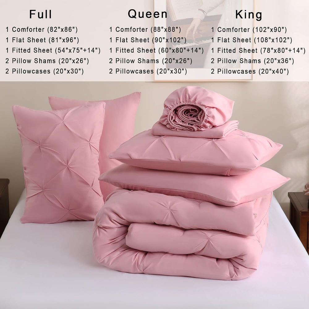 DOWNCOOL King Size Comforter Set, 7 Pieces Pink Pintuck Bed in a Bag