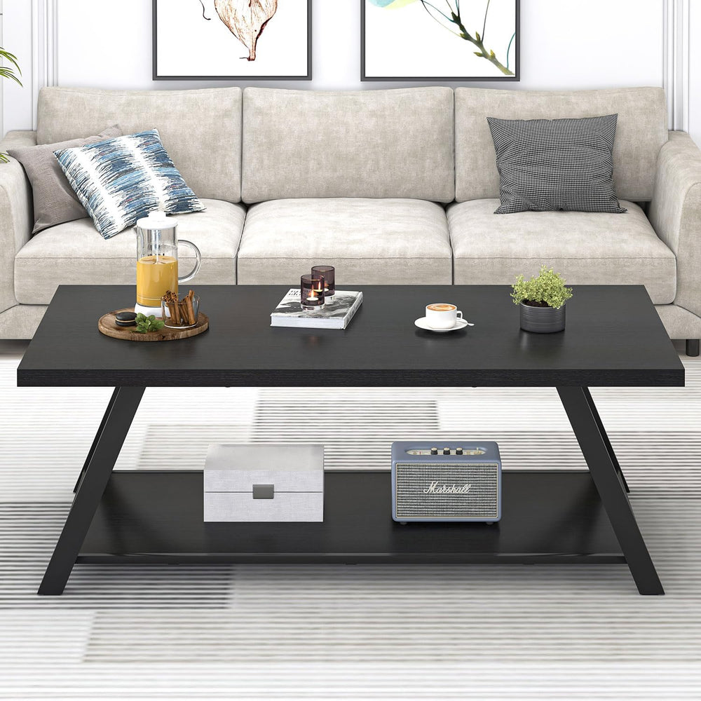 EXCEFUR Black Coffee Table, Modern Wood and Metal Center Table with Storage S...