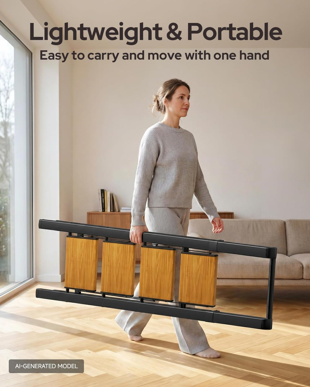 4 Step Ladder, Foldable 4 Step Stool, Black & Woodgrain