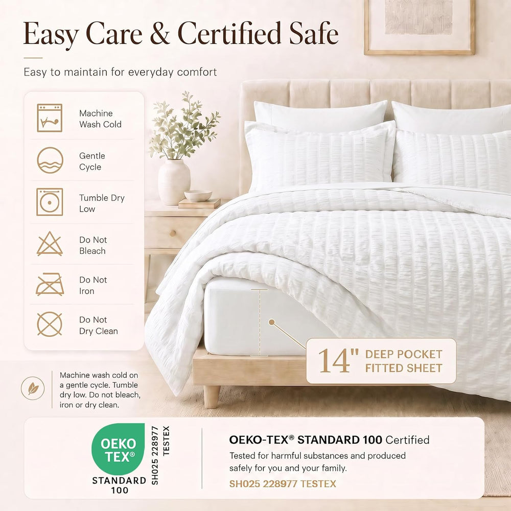 CozyLux Queen Comforter Set, 7 Pieces White Seersucker Bed in a Bag