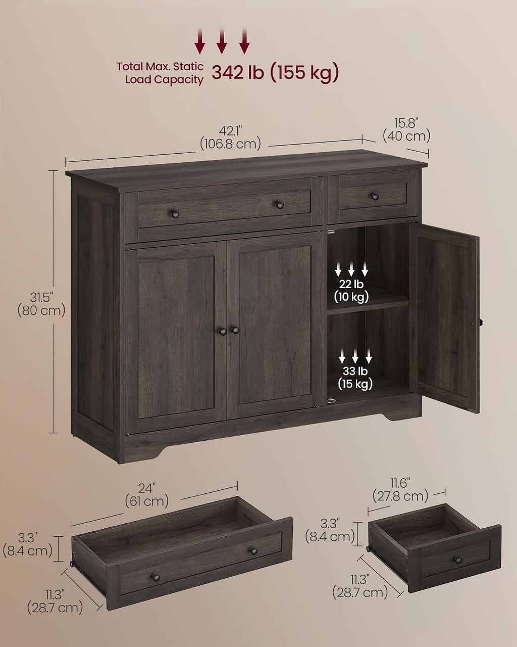 VASAGLE Buffet Cabinet, Sideboard, 3 Doors, 42.1 x 15.8 x 31.8 Inches