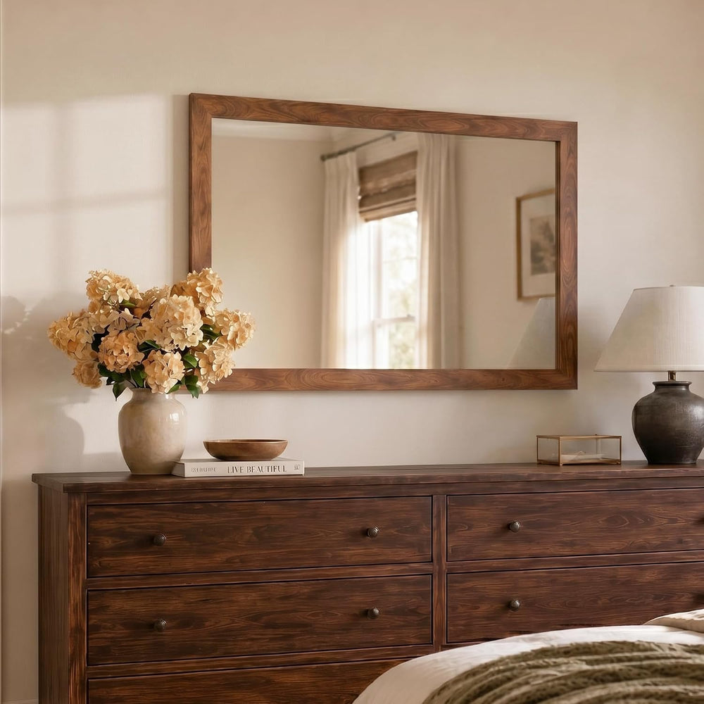 Walnut 24x36 Inch Wood-Grain Rectangular Wall Mirror