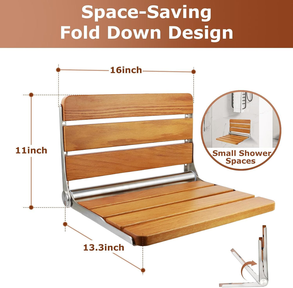 Foldable Shower Seat Wall Mounted 16 in Wide, Teak Bench for Small Shower