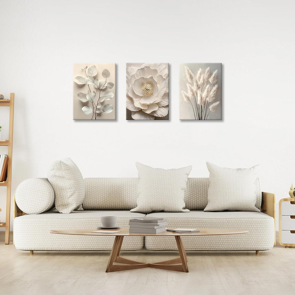 WENGTIAO 3Pcs Beige Floral Botanical Frame Canvas Wall Art 12"x16"x3