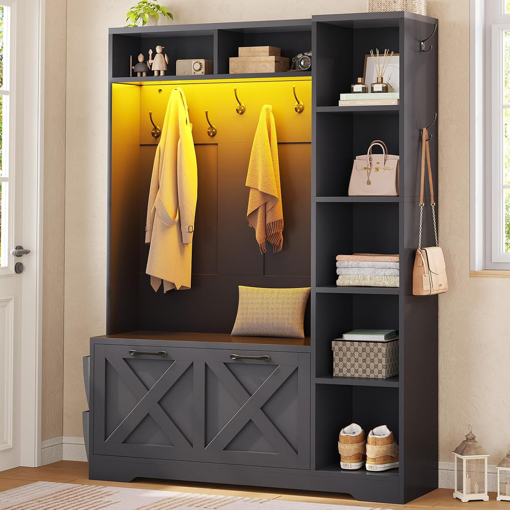 Itaar Hall Tree with Bench and Shoe Storage, Farmhouse Entryway Bench with Co...