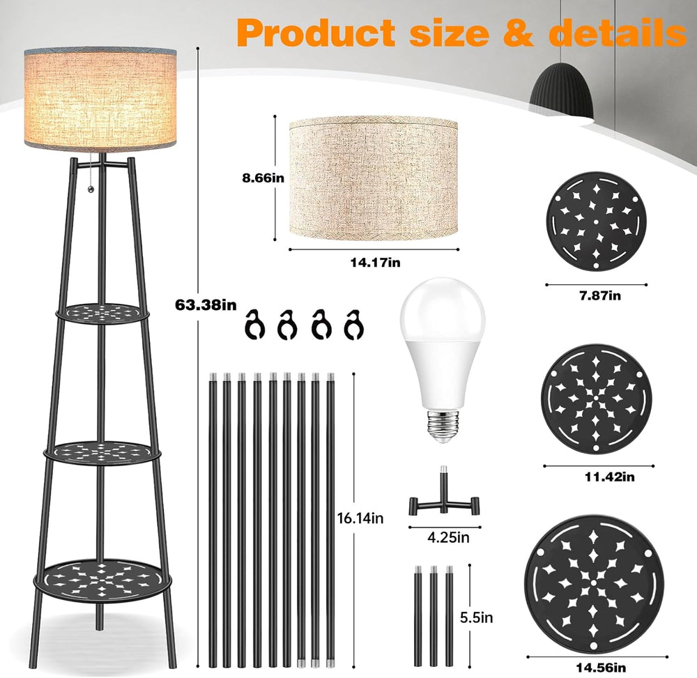 Floor Lamp with Shelves, Beige Shade Standing Lamp