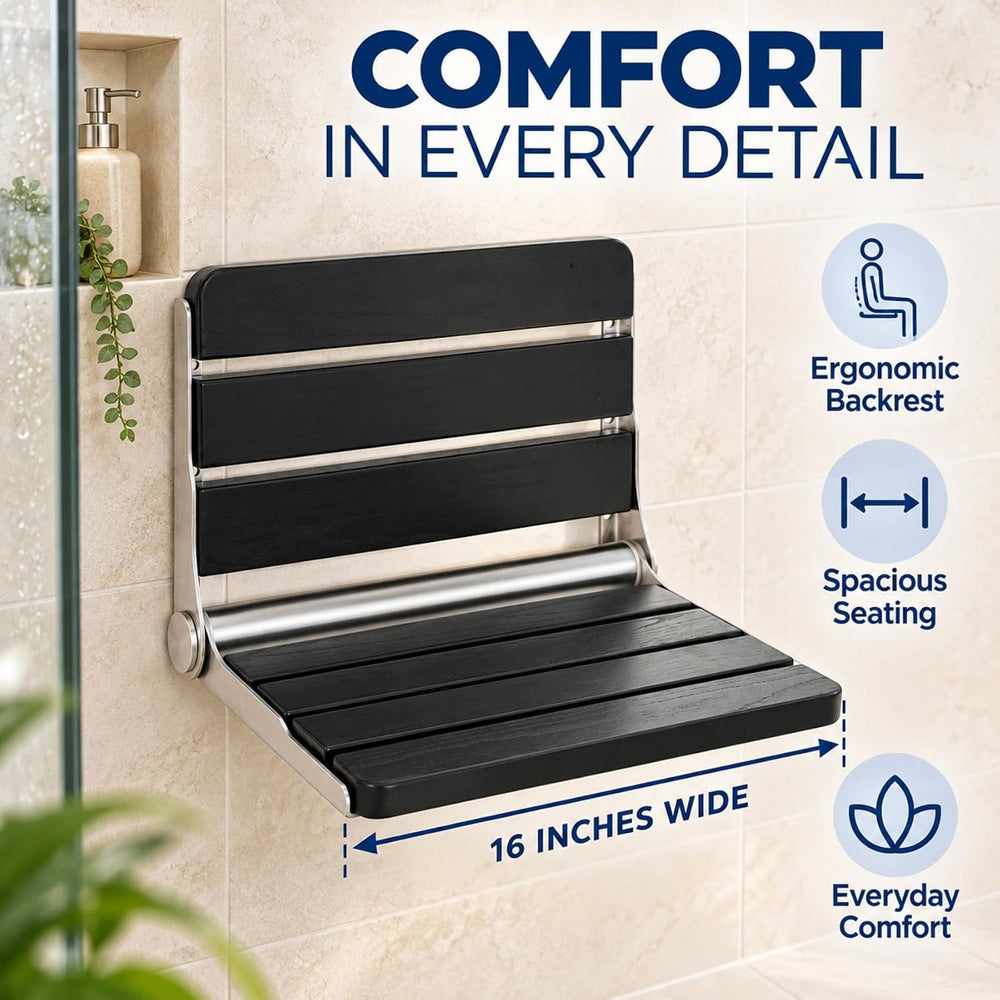 Foldable Shower Seat Wall Mounted 16 in Wide, Teak Bench for Small Shower