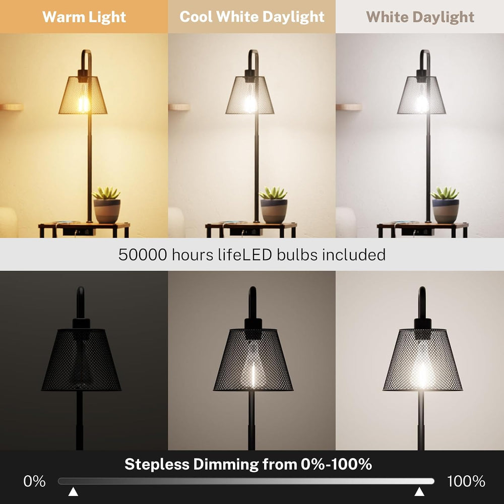 Floor Lamp with Table and Shelves, Side Table with USB Charging Port and Outl...