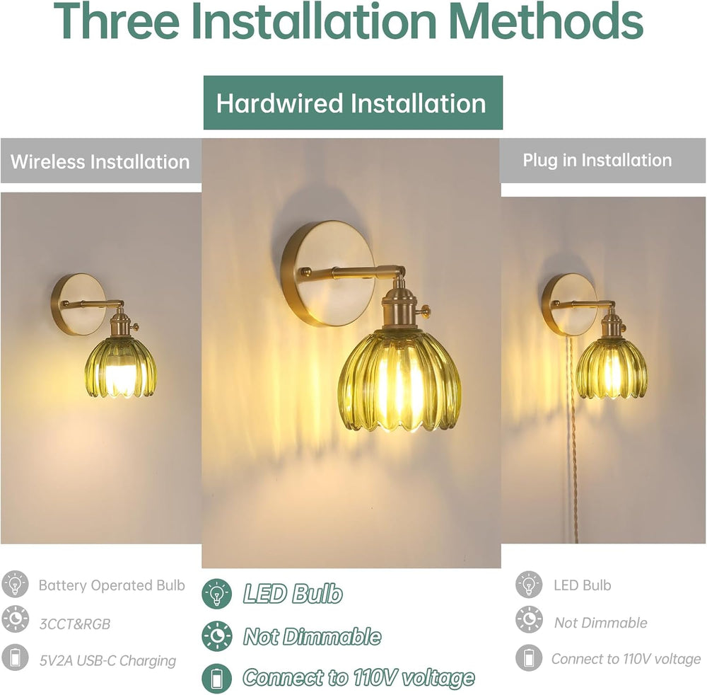 Shenmoyl Vintage Wall Sconces with Green Tulip Glass Lampshade 180 Degree Adj...