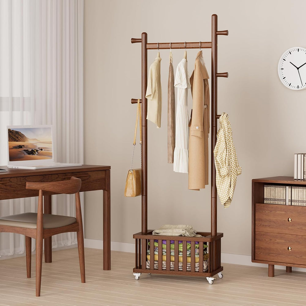 Taitiy Solid Wood Coat Rack with Wheels, Freestanding Coat Tree with Removabl...