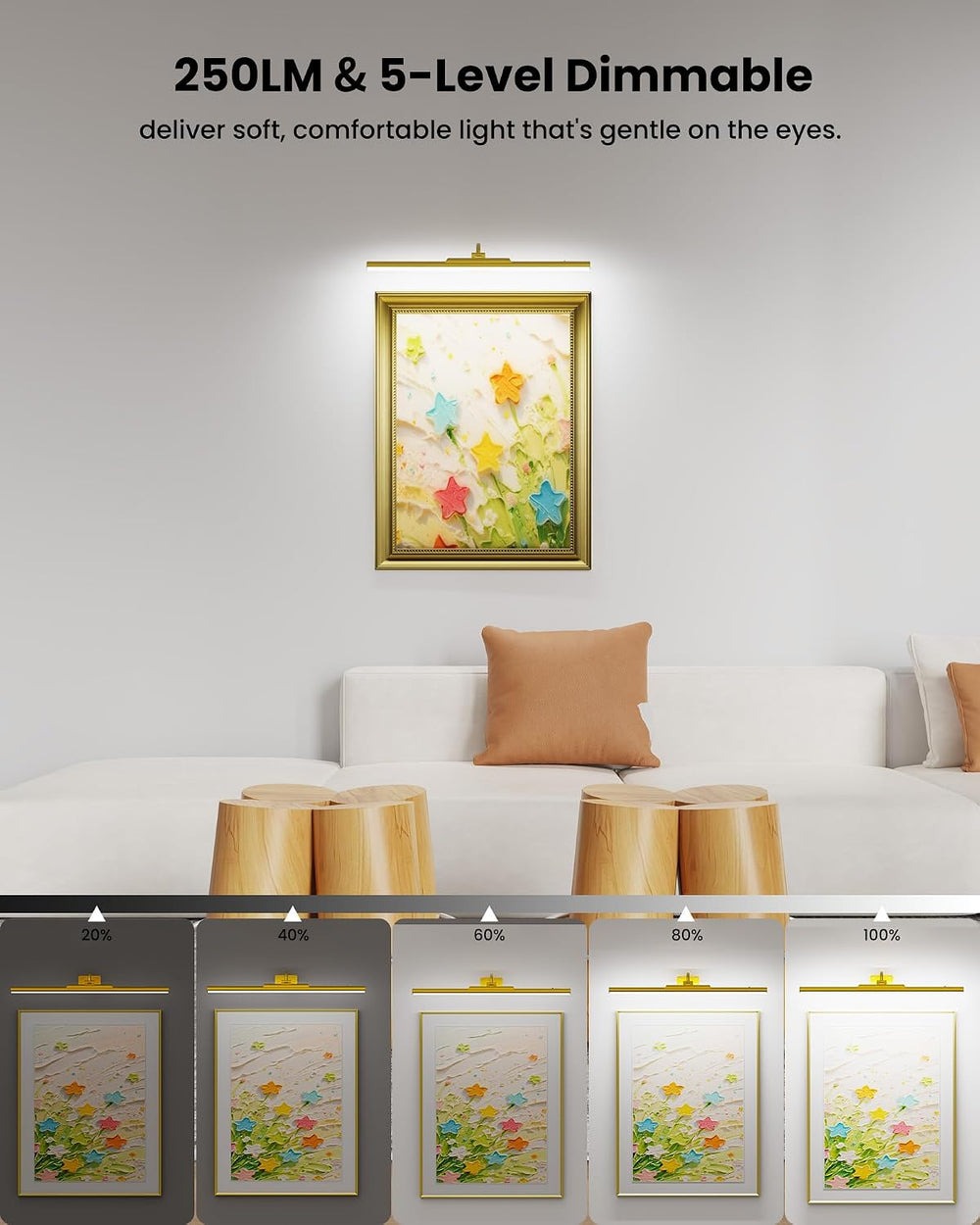 3 Pack Picture Light for Wall Cordless Rechargeable 16in Gold