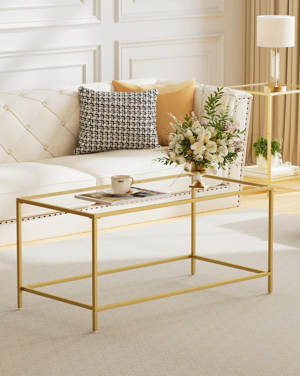 Homleke Glass Coffee Table, Modern Rectangular Coffee Table for Living Room