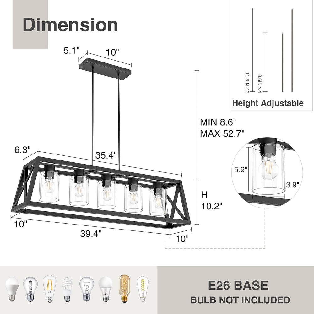 Dining Room Light Fixture, 5 Light, Black, Adjustable, Thickened, Trapezoid