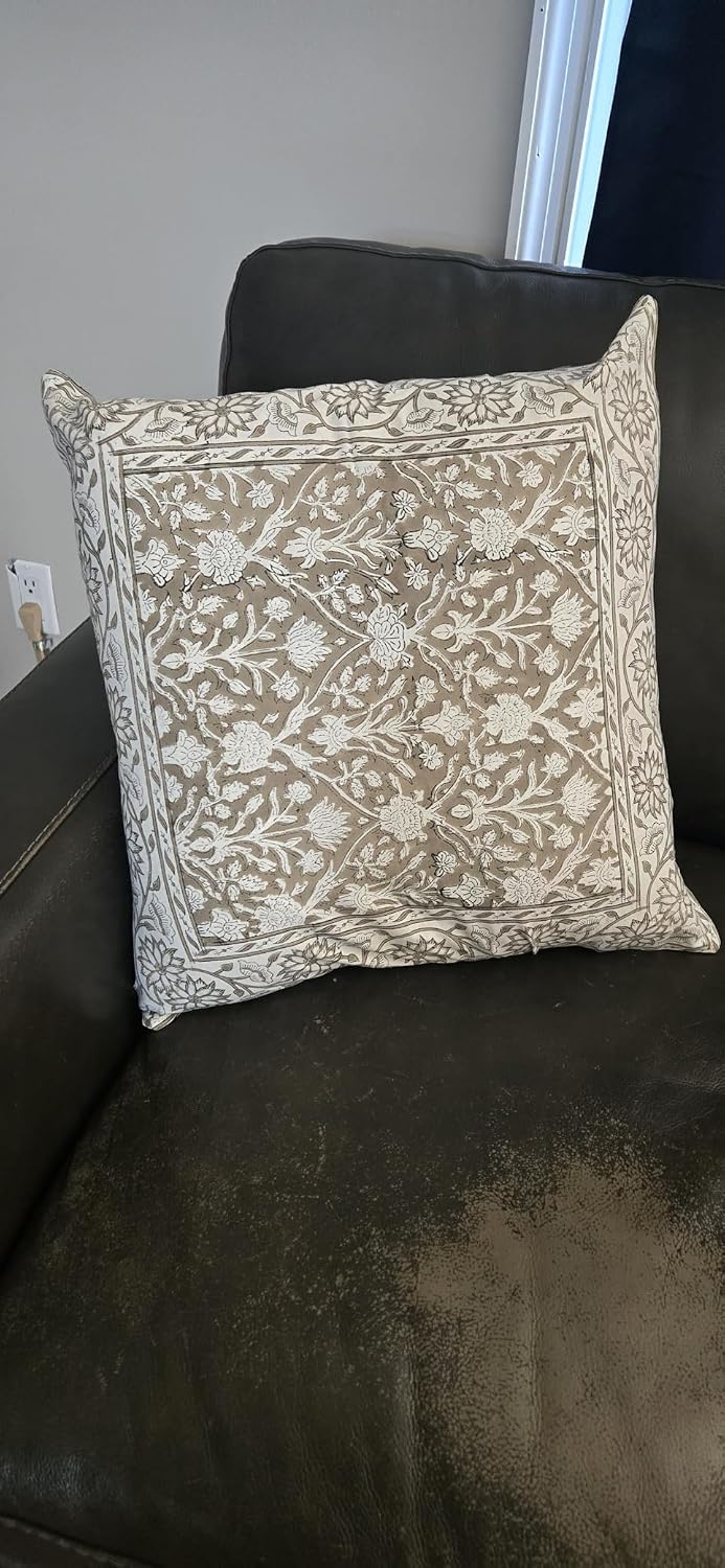 Ridhi Taupe Hand Block Print Throw Pillow Covers 18x18 Inch Set 2