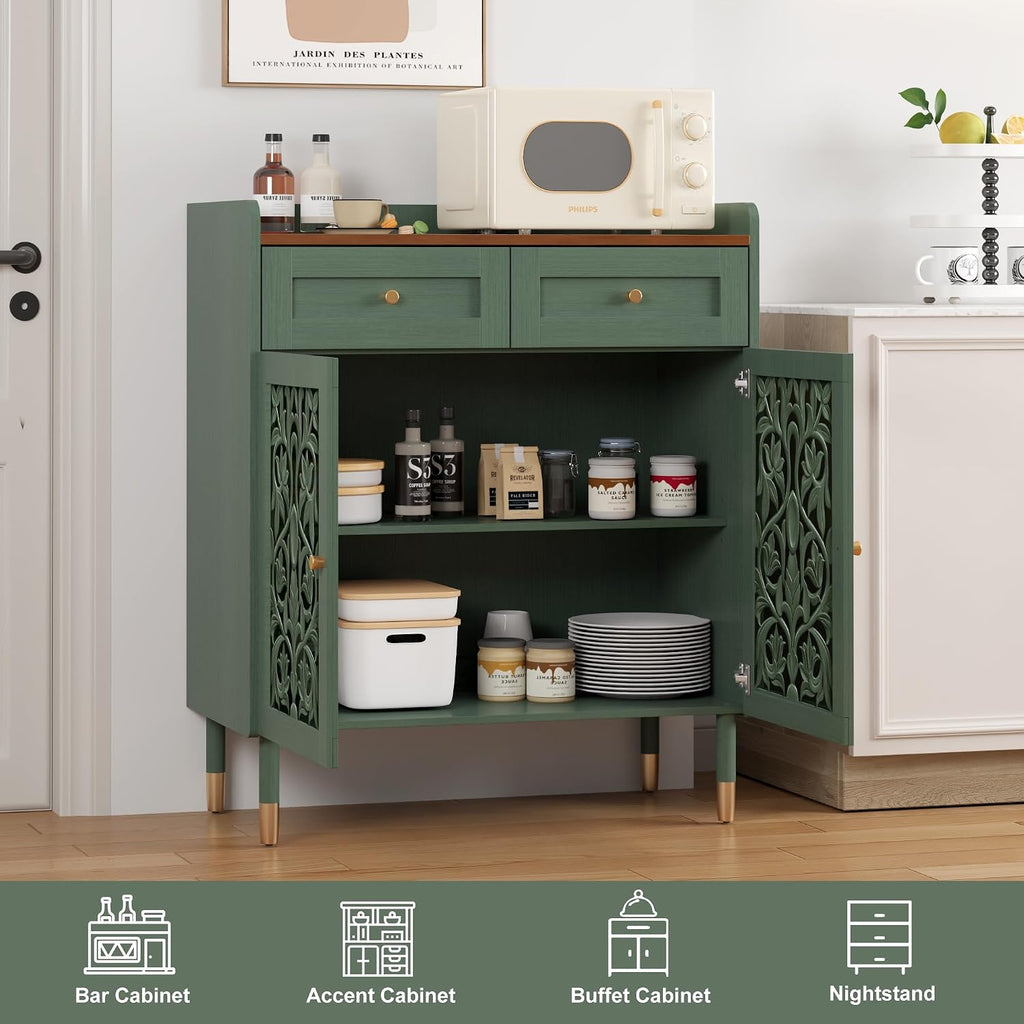 3More 2 Door Retro Carving Sideboard Buffet Cabinet with 1 Drawer, Green