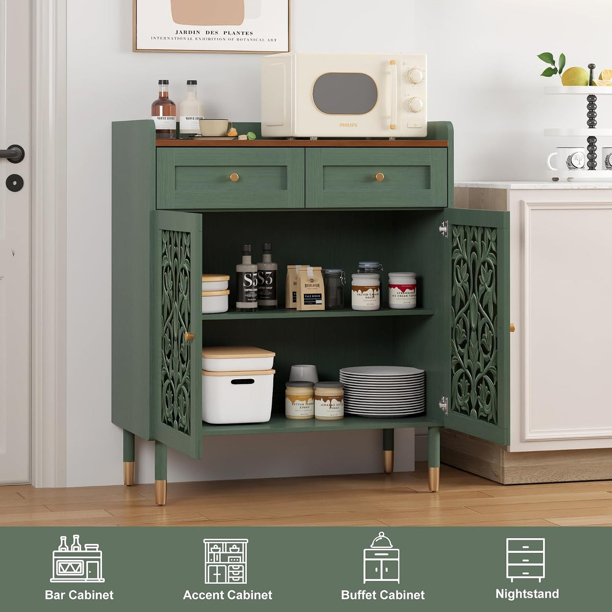 3More 2 Door Retro Carving Sideboard Buffet Cabinet with 1 Drawer, Green