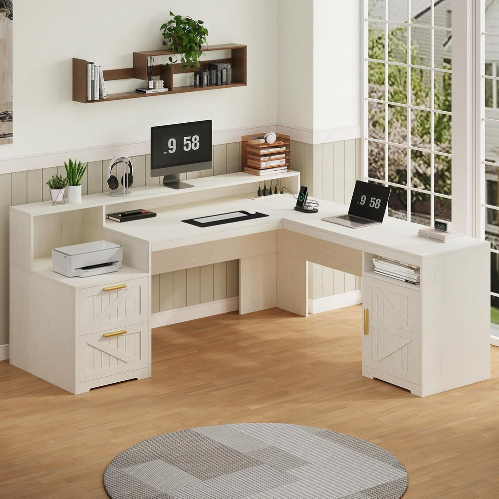 63" Farmhouse L Shaped Desk with Drawers & Printer Shelf for Home Of...