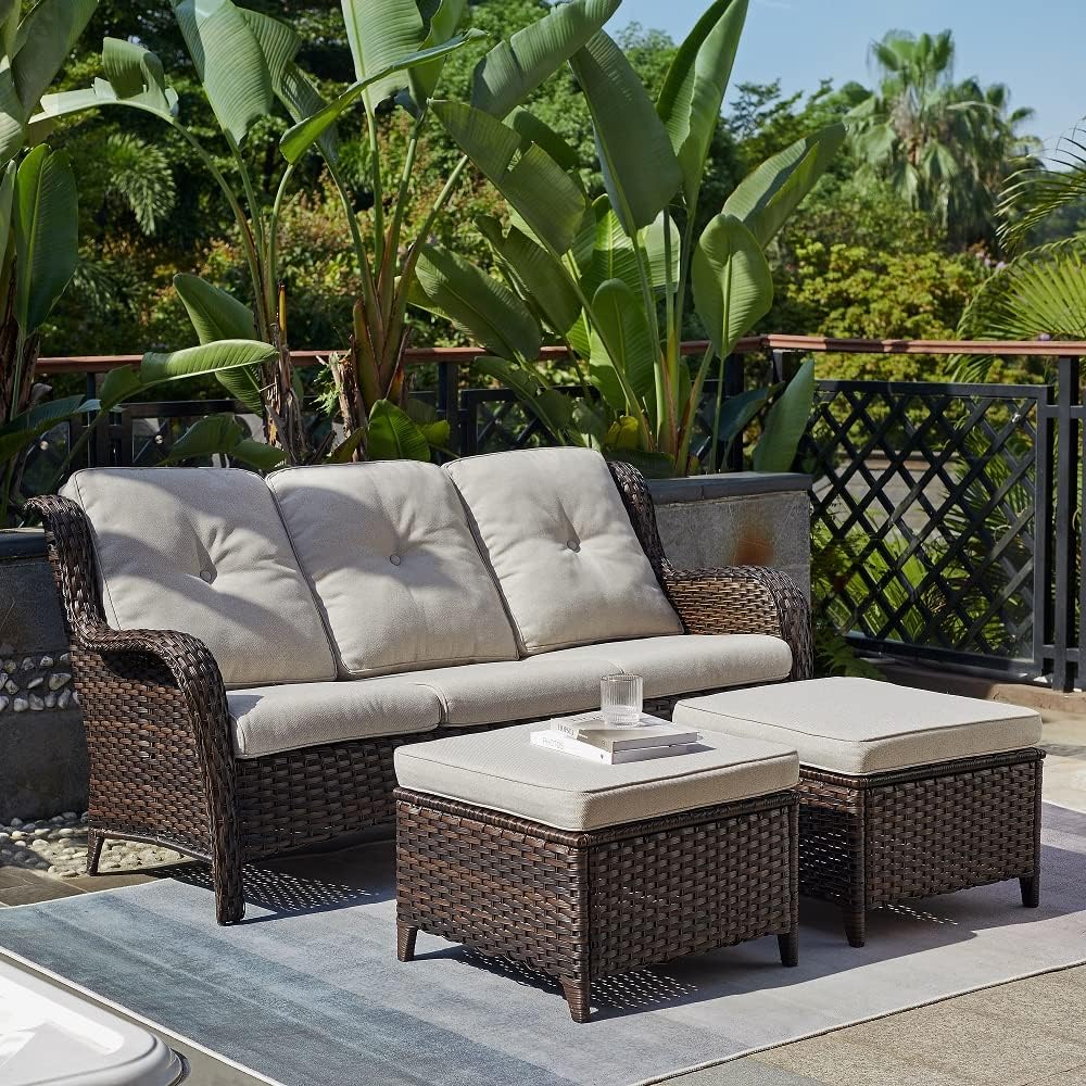 HUMMUH 5 Piece Wicker Patio Set, Sofa & Swivel Rockers, Brown/Beige