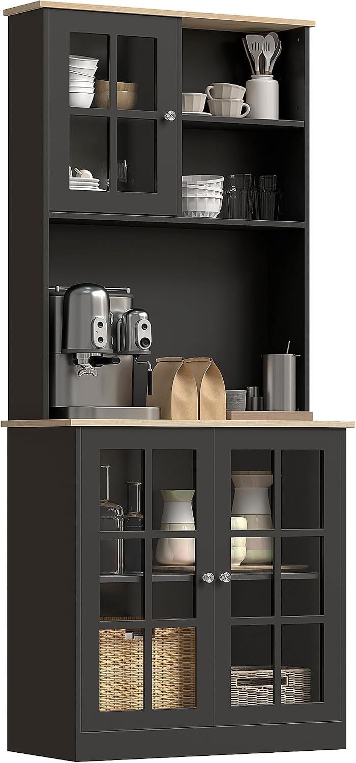 HOMCOM Kitchen Pantry Storage Cabinet 72" with Hutch, Black