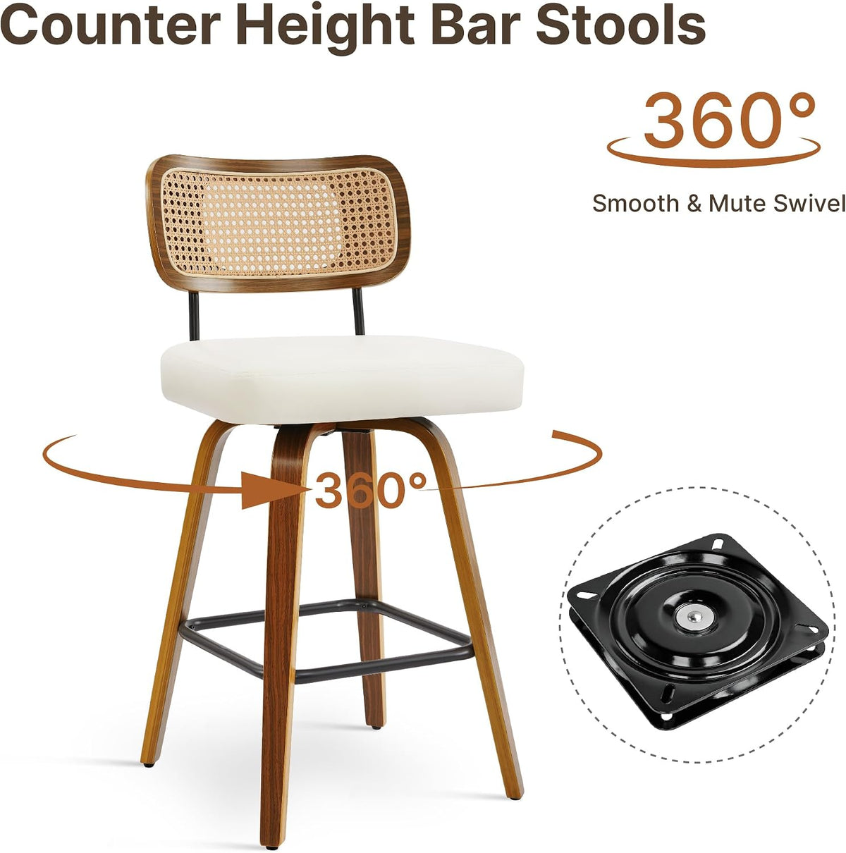 Swivel Bar Stools Set of 2, 26" Counter Height with Rattan Back, Ivory
