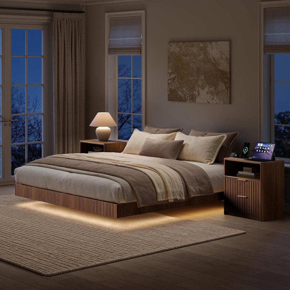 Evermagin Queen Bedroom Set, Floating Bed Frame & Charging Nightstands