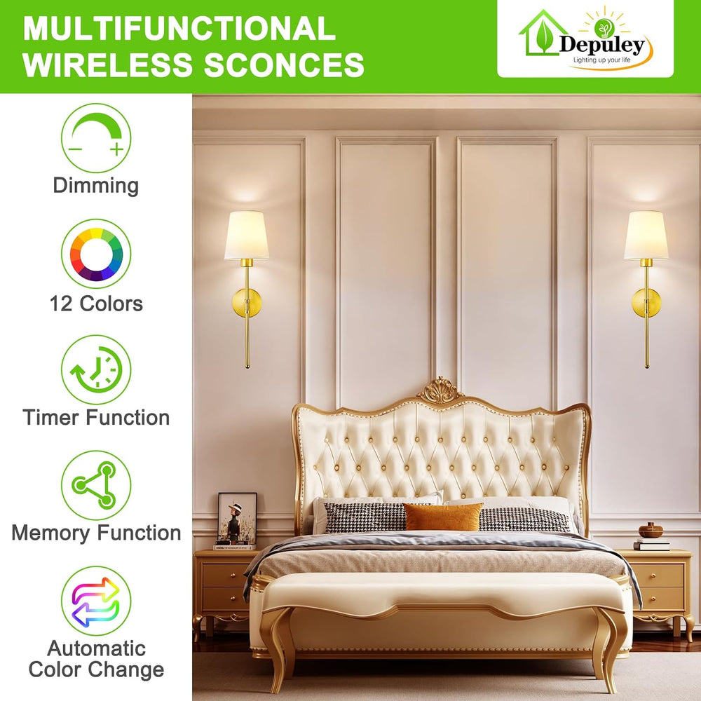 Depuley Battery Operated Wall Sconce: Set of 2 Wireless Wall Lights with 1000...