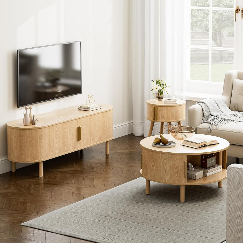 ZttRiee Round Coffee Table with Sliding Doors, Modern, Natural
