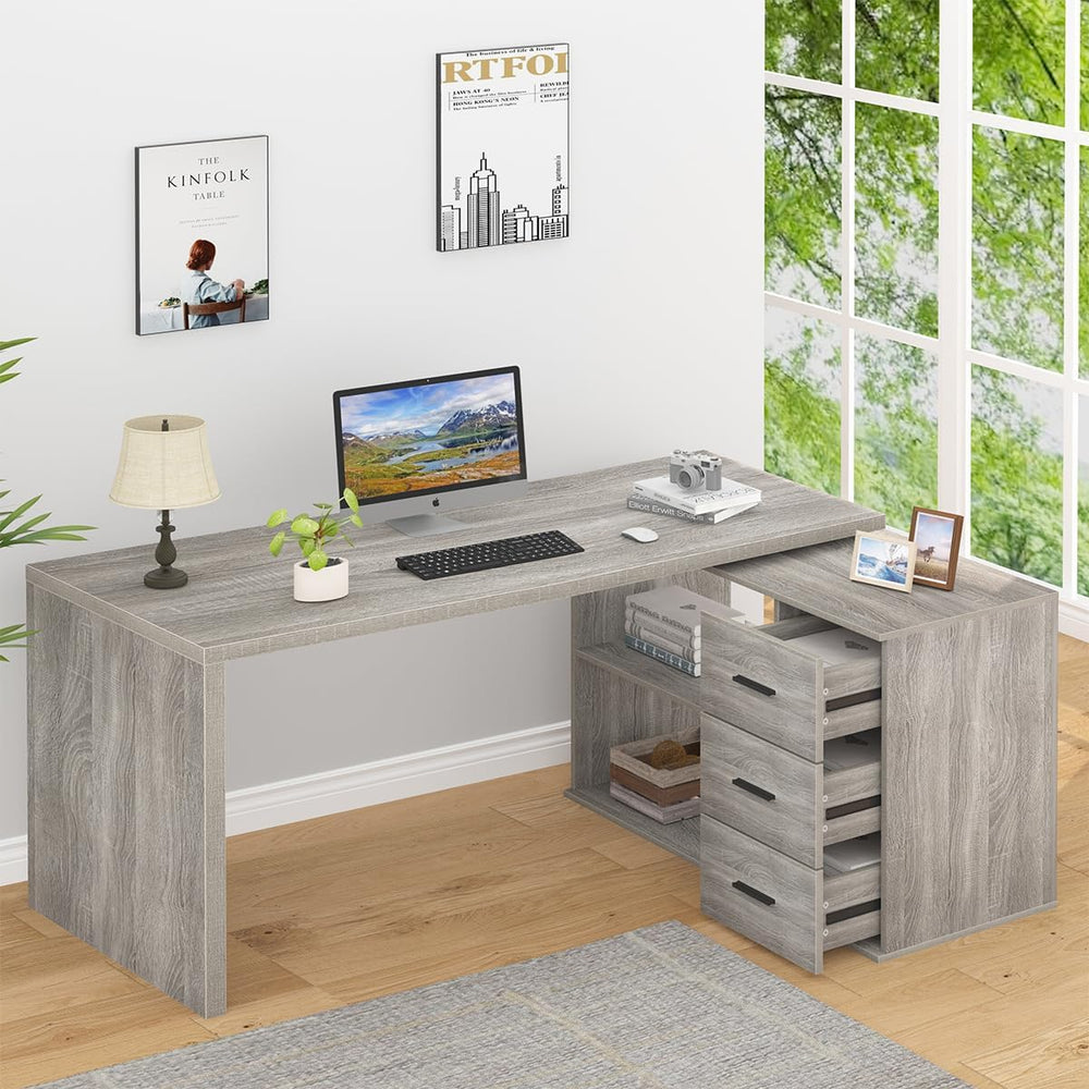 HSH Grey L Shaped Computer Corner Desk with 3 Storage Drawers 60 inch