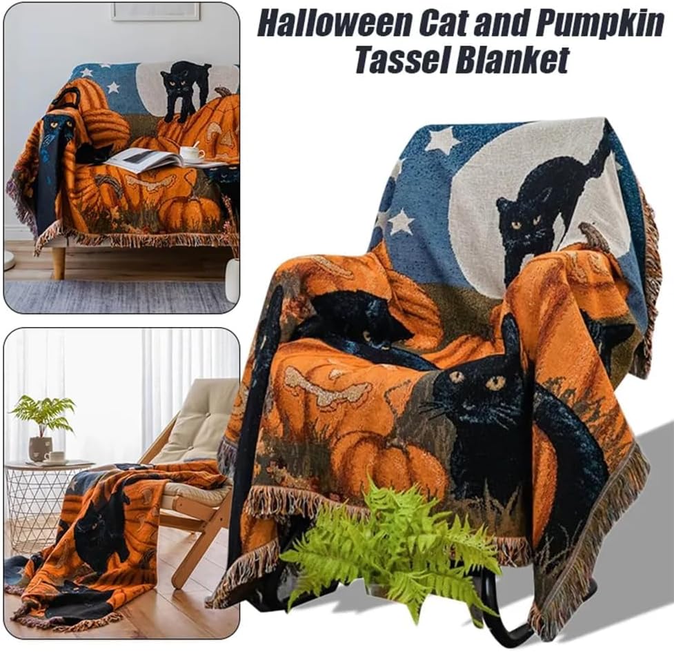 Vintage Halloween Blanket Cat Blanket Sofa Throw Blanket Chair Sofa Couch Bed...