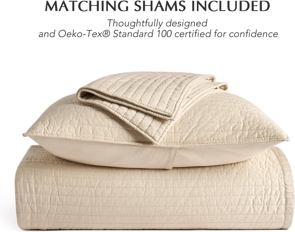 EVERGRACEHOME Cotton Sateen Quilt Set, King Size, Light Sand