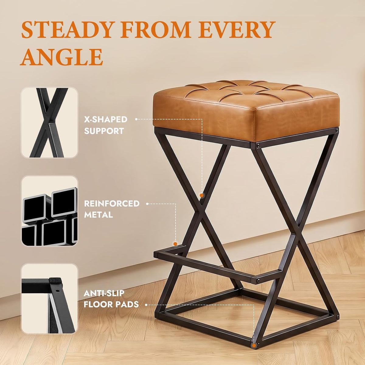 Bar Stools Set of 4, 26 Inch Counter Height Stool Faux Leather Brown