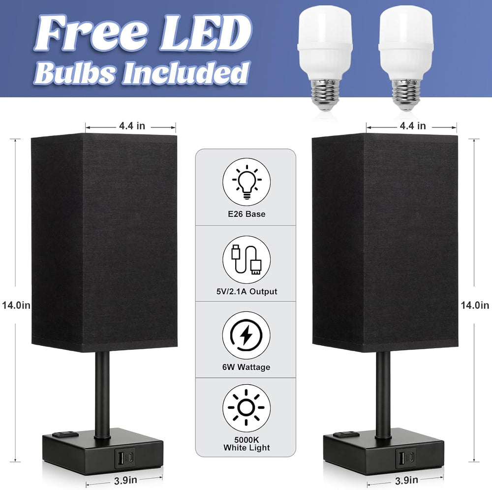 Set of 2 Black Table Lamp for Bedroom - Dimmable Touch, USB C+A, AC Outlet