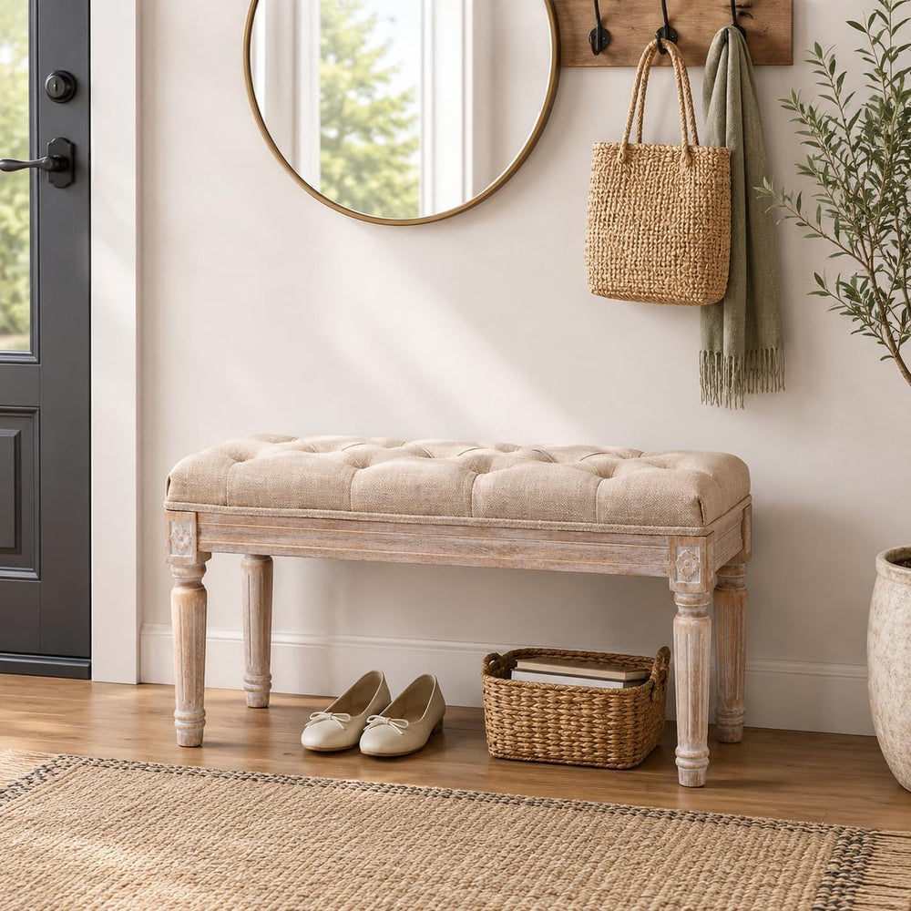 Kmax Tufted Entryway Bench, Upholstered Rustic Ottoman Bench, 31.5" x 15...