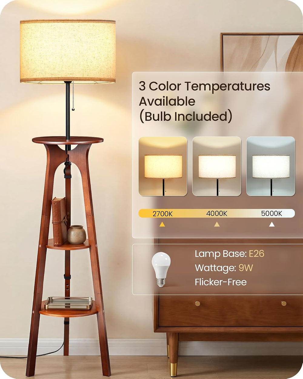 Floor Lamp for Living Room, Standing Lamp with 3 Shelves