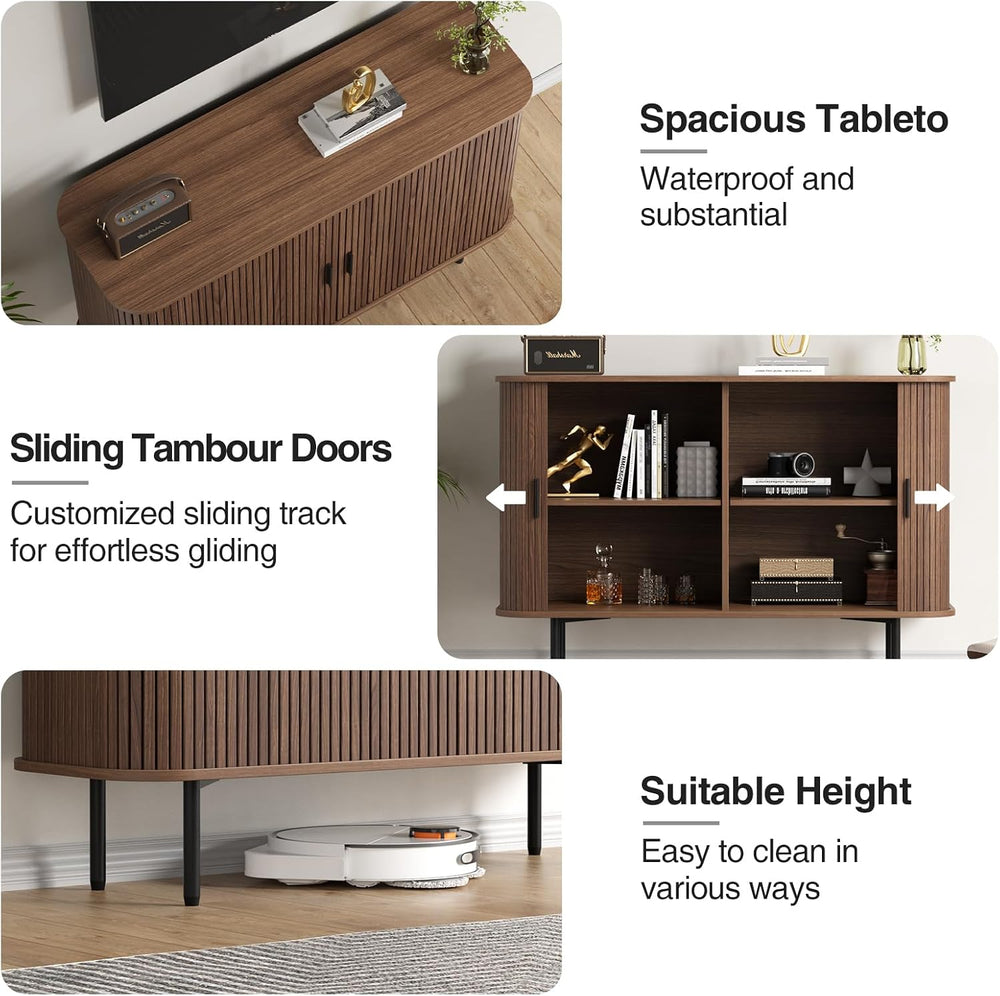 Fluted Sideboard Buffet Cabinet, Sliding Door/Adjustable Shelf, Walnut