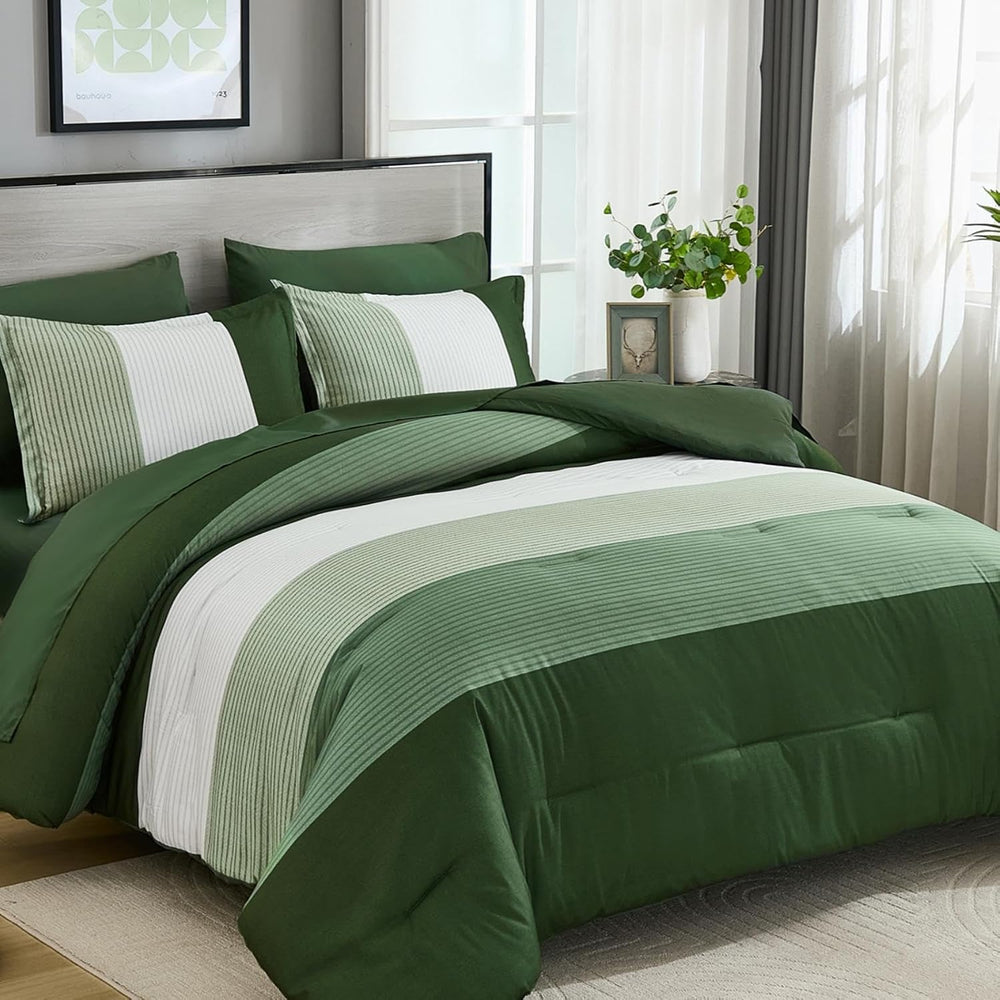 Queen Comforter Set Olive Green, 7 Pieces Boho Striped Bed in a Bag