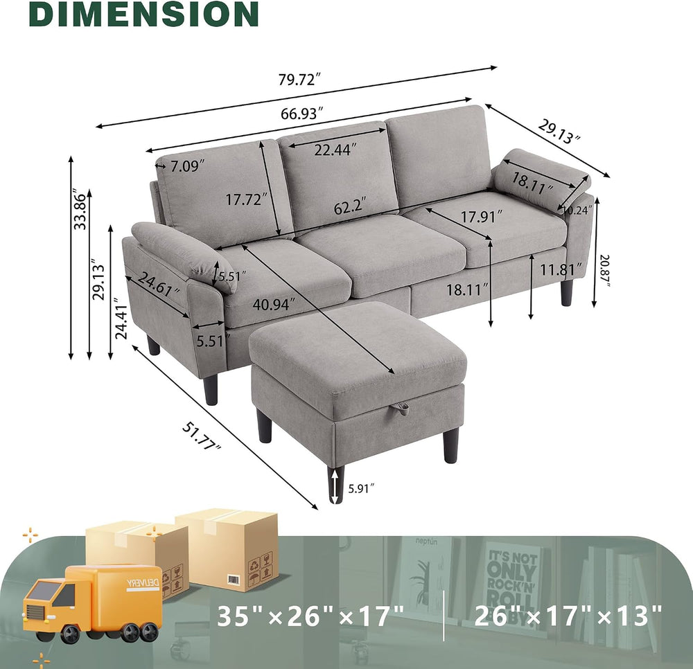 80" Convertible Sectional Sofa, Small L Shaped 3 Seat Couch with Reversi...