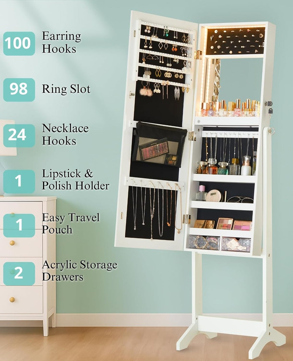 LUXFURNI Full‑Length Standing Jewelry Armoire, 60 in Mirror with Storage