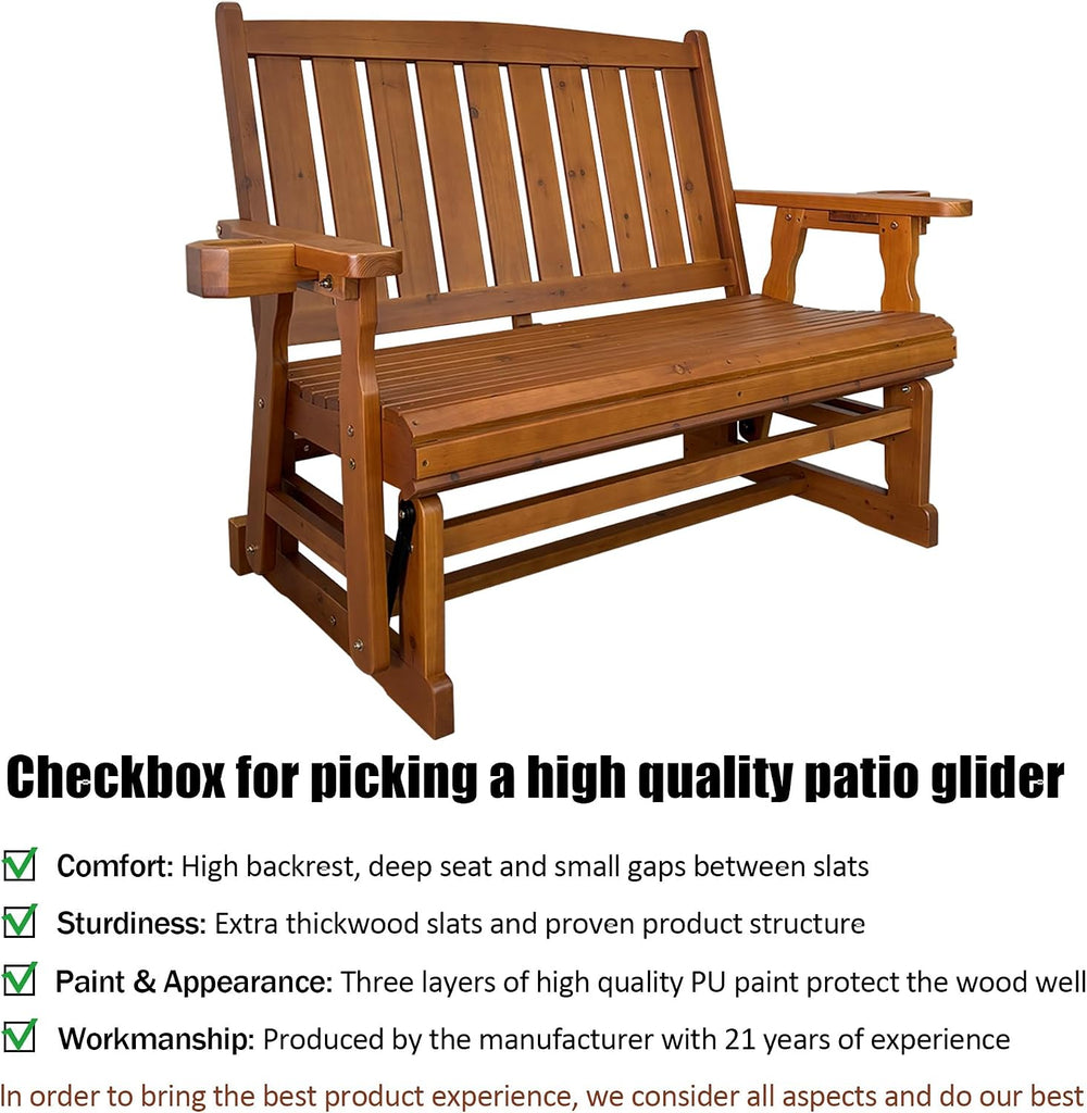 Fortune Candy Wooden Patio Glider, Slat Back, Cedar Tone, 2-Seater