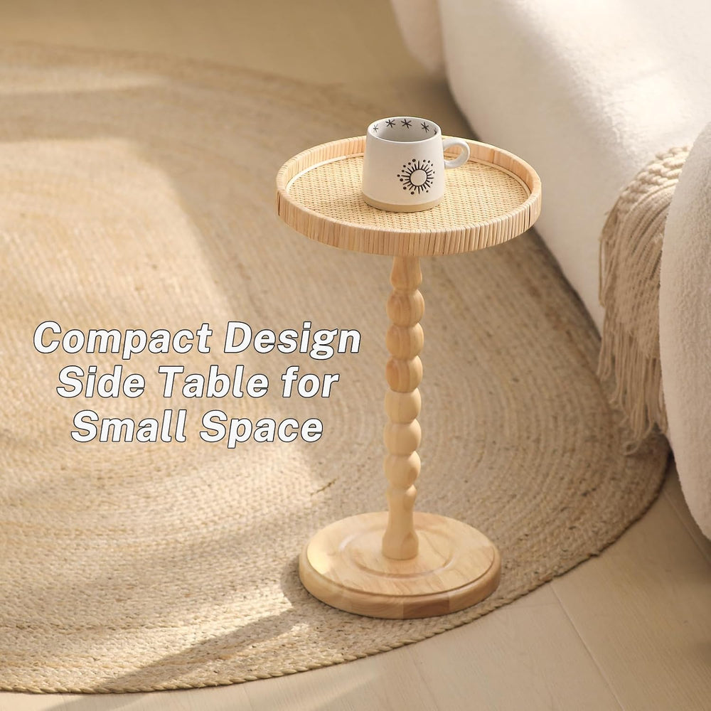 Small Side Table，Rattan Round Drink Tables for Small Spaces, Boho Circle Acce...